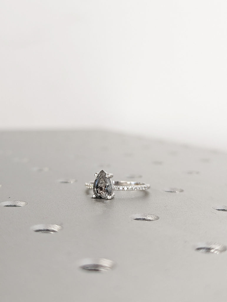 1920's Raw Salt and Pepper Diamond, Pear Diamond Ring, Unique Engagement Bridal Set, Black, Gray Pear, 14k Yellow, Rose, or White Gold