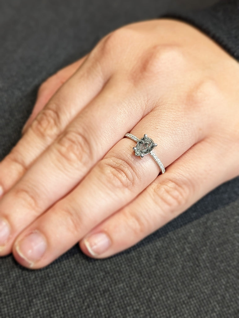 1920's Raw Salt and Pepper Diamond, Pear Diamond Ring, Unique Engagement Bridal Set, Black, Gray Pear, 14k Yellow, Rose, or White Gold