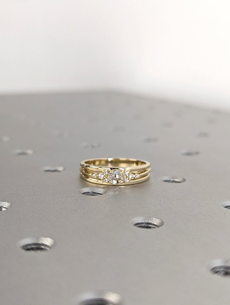 Hexagon Moissanite Diamond Wedding Ring, Unique Diamond Simulant Wedding Band, Triple Shank Wedding Engagement Ring, Minimalist Unique Ring