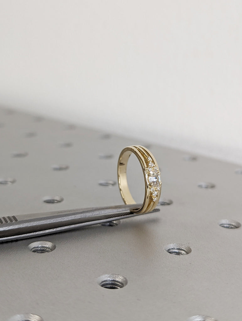 Hexagon Moissanite Diamond Wedding Ring, Unique Diamond Simulant Wedding Band, Triple Shank Wedding Engagement Ring, Minimalist Unique Ring