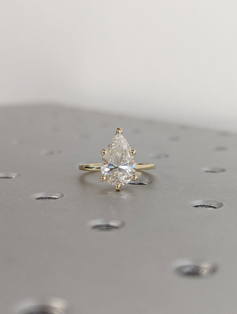 Hidden halo engagement ring, solitaire pear moissanite ring, Hidden Halo Pear Cut Solitaire Engagement Ring in 14K Yellow gold