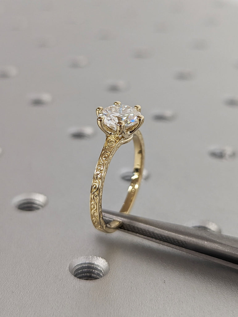 Colorless Moissanite 14k Rose /White /Yellow Gold Engagement Ring Art Deco 1920's Inspired Thin Petite Band 18k Unique Promise Ring for Her