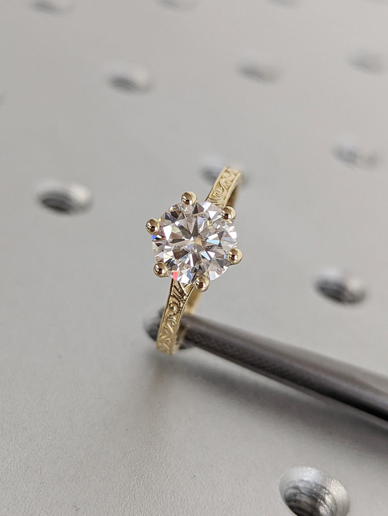 Colorless Moissanite 14k Rose /White /Yellow Gold Engagement Ring Art Deco 1920's Inspired Thin Petite Band 18k Unique Promise Ring for Her