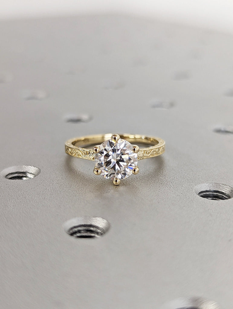 Colorless Moissanite 14k Rose /White /Yellow Gold Engagement Ring Art Deco 1920's Inspired Thin Petite Band 18k Unique Promise Ring for Her