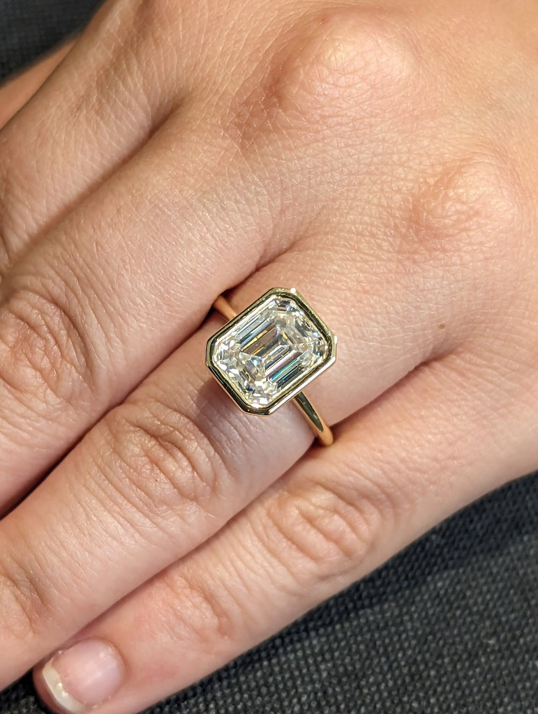 3CT Emerald Cut Moissanite Solitaire Ring, 18K Yellow Gold Engagement Ring, Bezel Setting, Statement Ring, Gift For Her, Bridal Set, Vintage