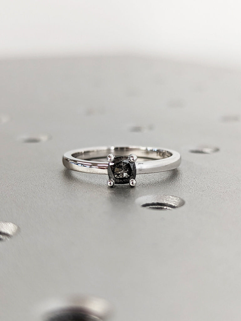 1920's Raw Salt and Pepper Diamond, Rose Cut Cushion Diamond Ring, Unique Engagement, Black, Gray Pear, 14k Yellow, Rose, or White Gold