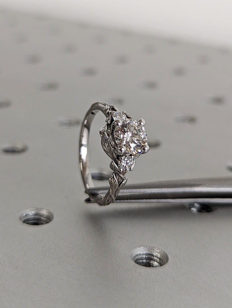 Nature Inspired Moissanite Engagement Ring Leaves Band Round Moissanite Diamond Wedding Ring Leaf Vine Branch Alternative Engagement Ring
