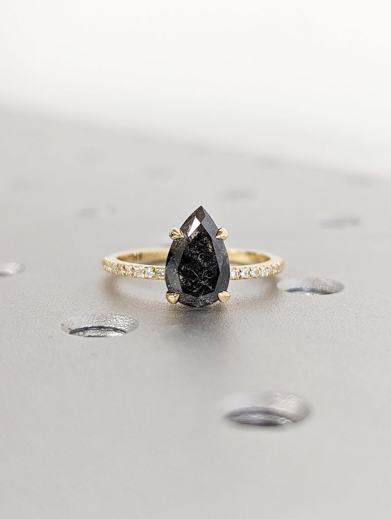 2 Carat 1920's Raw Salt and Pepper Diamond, Pear Diamond Ring, Unique Engagement Bridal Set, Black, Gray Pear, 18k Yellow, Rose, White Gold