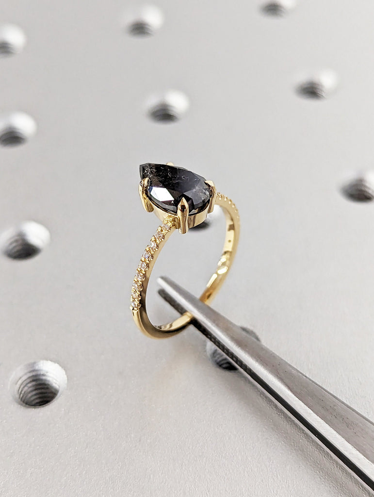 2 Carat 1920's Raw Salt and Pepper Diamond, Pear Diamond Ring, Unique Engagement Bridal Set, Black, Gray Pear, 18k Yellow, Rose, White Gold