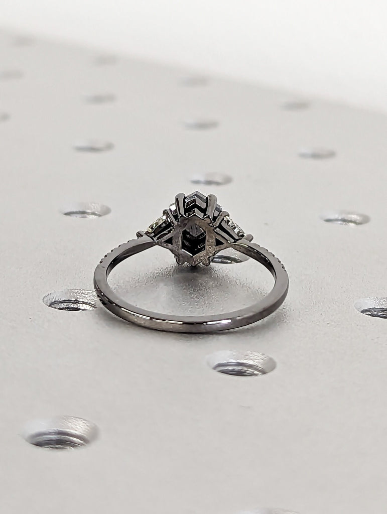 14k Black Gold, 1.75ct Raw Hexagon Triangle Diamond, Salt and Pepper, Unique Engagement Ring, Rose Cut Geometric Ring, Custom Handmade