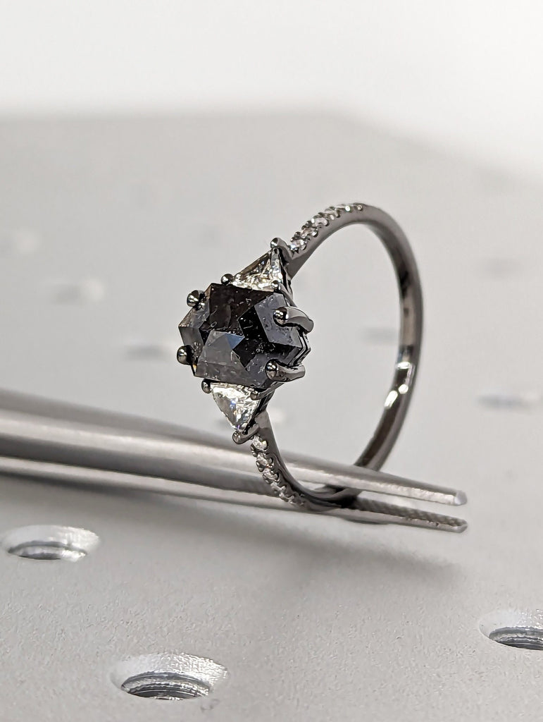 1.75ct Raw Hexagon Triangle Diamond, Salt and Pepper, Unique Engagement Ring, Rose Cut Geometric Ring, 14k Black Gold, Custom Handmade