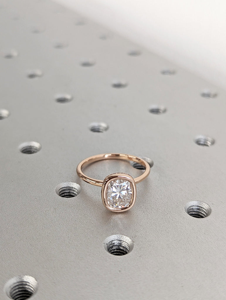 2 CT Excellent Cushion Cut Moissanite Ring / Bezel Setting Solitaire Ring / 14K Rose Gold Wedding Bezel Ring / Engagement Ring For Her