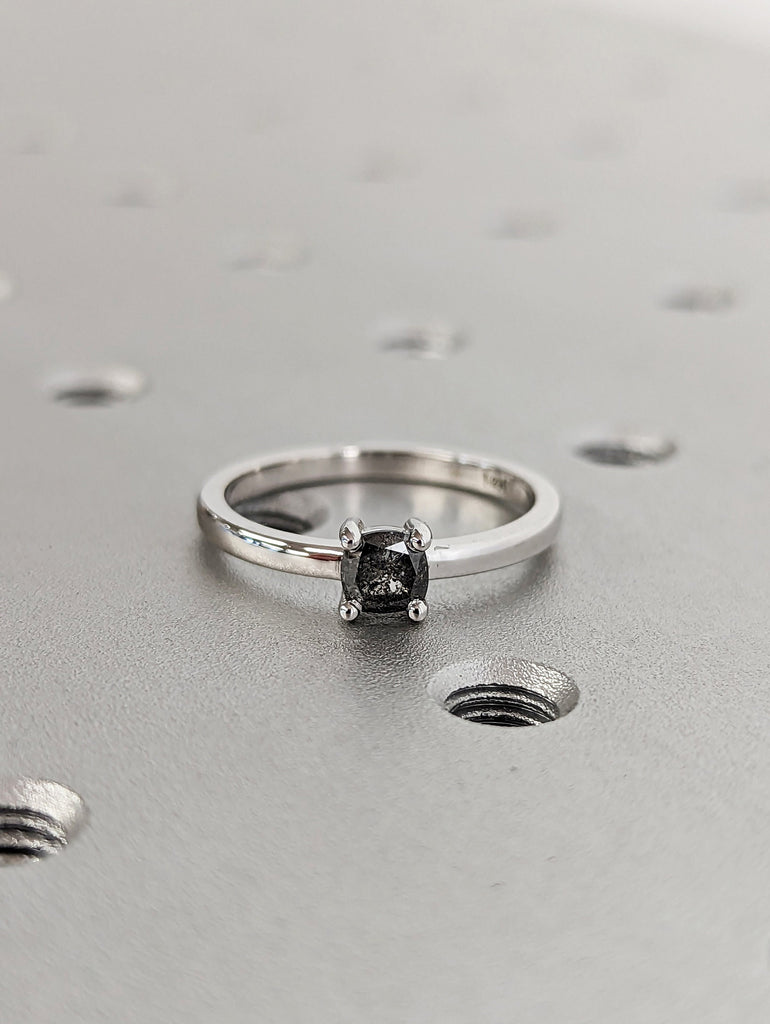 1920's Raw Salt and Pepper Diamond, Rose Cut Cushion Diamond Ring, Unique Engagement, Black, Gray Pear, 14k Yellow, Rose, or White Gold