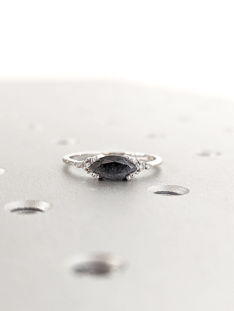 Marquise Salt and Pepper Diamond Wedding Ring, Unique Diamond Wedding Band, Wedding Engagement Ring, Minimalist Diamond Ring