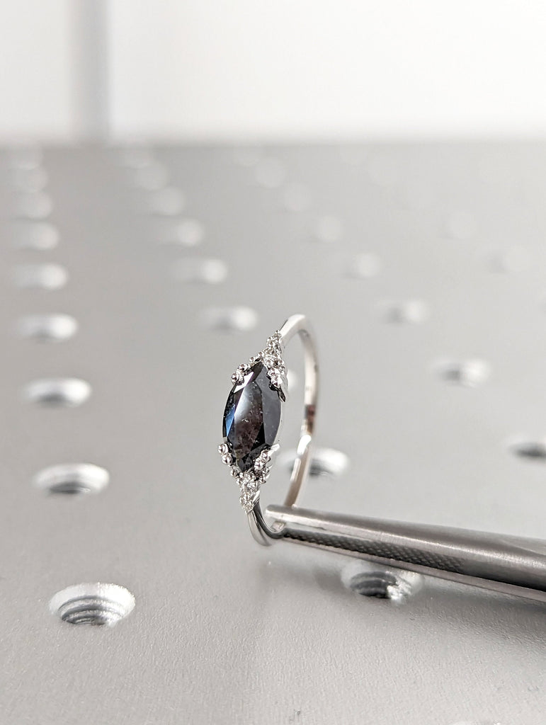 Marquise Salt and Pepper Diamond Wedding Ring, Unique Diamond Wedding Band, Wedding Engagement Ring, Minimalist Diamond Ring