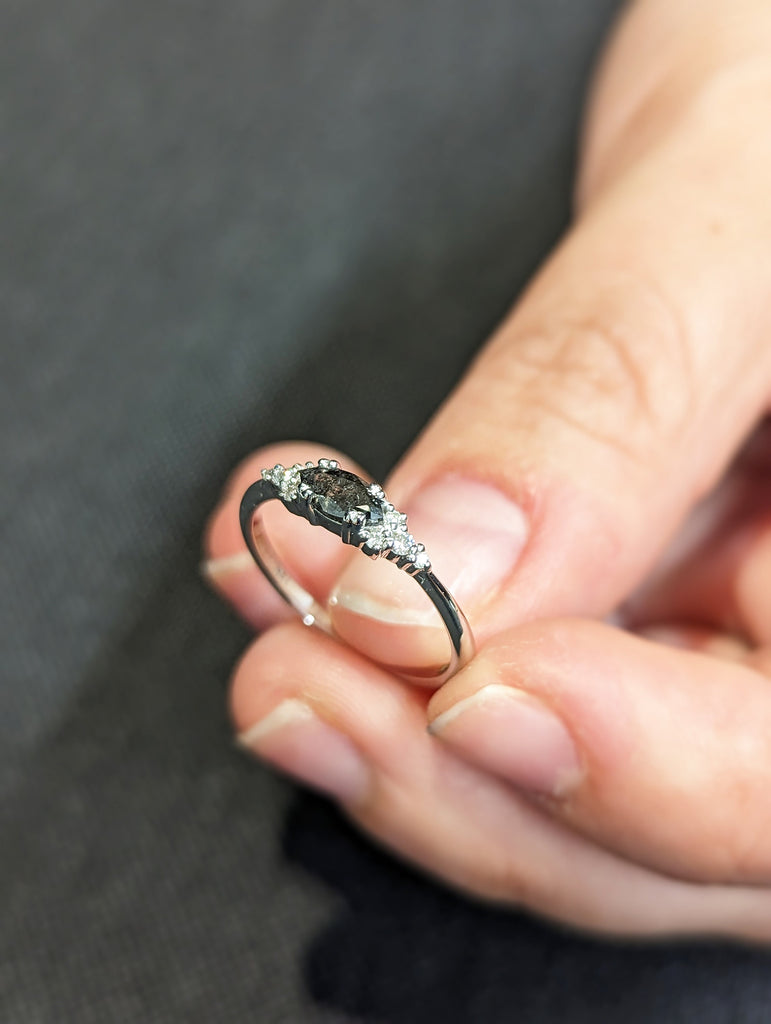 Marquise Salt and Pepper Diamond Wedding Ring, Unique Diamond Wedding Band, Wedding Engagement Ring, Minimalist Diamond Ring
