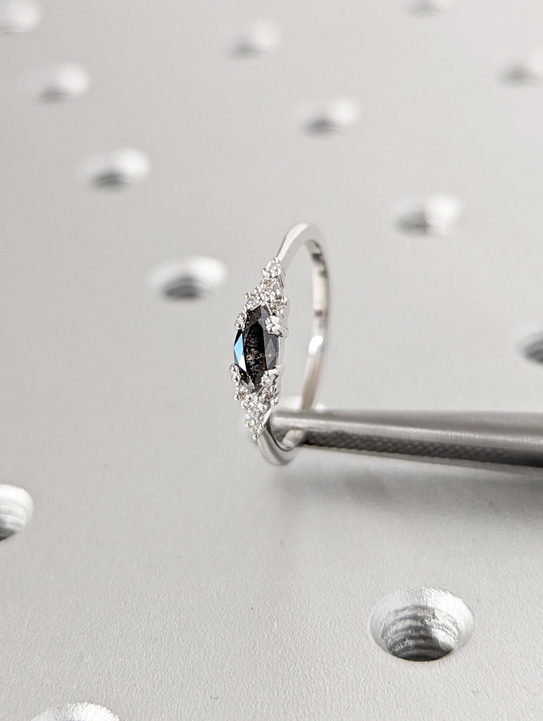 Marquise Salt and Pepper Diamond Wedding Ring, Unique Diamond Wedding Band, Wedding Engagement Ring, Minimalist Diamond Ring