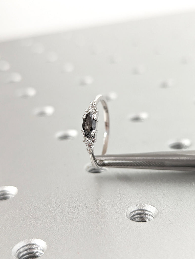 Marquise Salt and Pepper Diamond Wedding Ring, Unique Diamond Wedding Band, Wedding Engagement Ring, Minimalist Diamond Ring