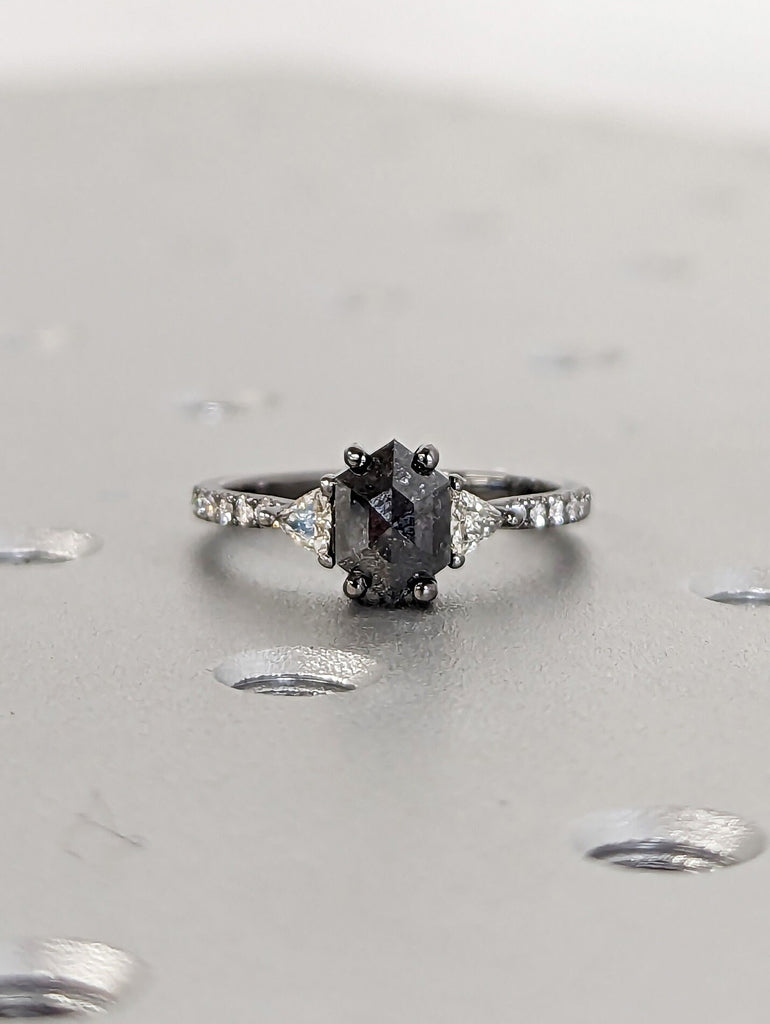 14k Black Gold, 1ct Galaxy Hexagon Triangle Diamond, Raw Salt and Pepper, Unique Handmade Engagement Ring, Rose Cut Geometric Promise Ring