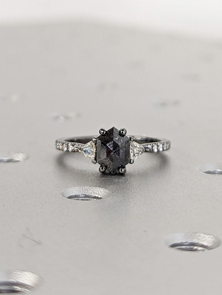 1ct Galaxy Hexagon Triangle Diamond, Raw Salt and Pepper, Unique Handmade Engagement Ring, Rose Cut Geometric Promise Ring, 14k Black Gold