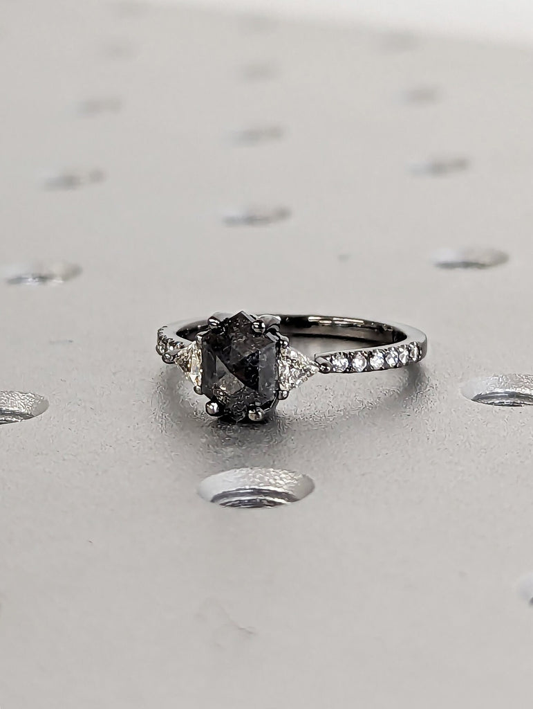 14k Black Gold, 1ct Galaxy Hexagon Triangle Diamond, Raw Salt and Pepper, Unique Handmade Engagement Ring, Rose Cut Geometric Promise Ring