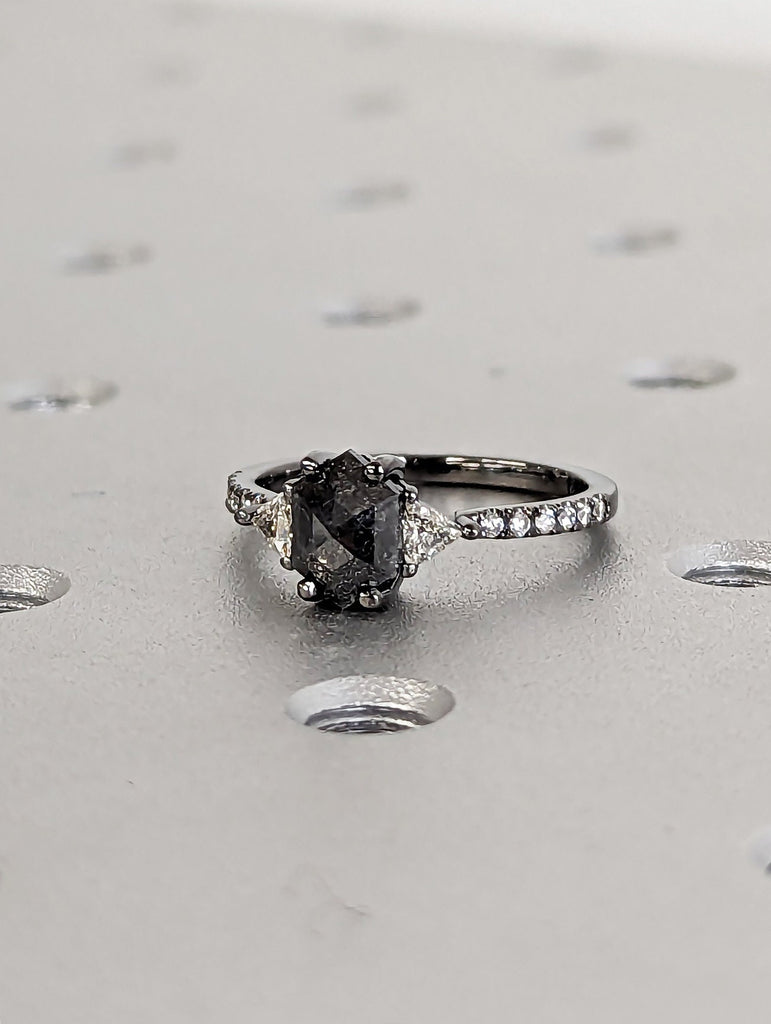 1ct Galaxy Hexagon Triangle Diamond, Raw Salt and Pepper, Unique Handmade Engagement Ring, Rose Cut Geometric Promise Ring, 14k Black Gold