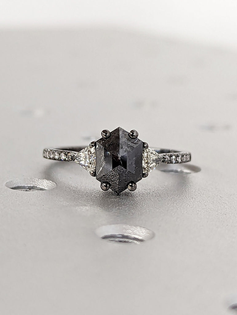 1.75ct Raw Hexagon Triangle Diamond, Salt and Pepper, Unique Engagement Ring, Rose Cut Geometric Ring, 14k Black Gold, Custom Handmade