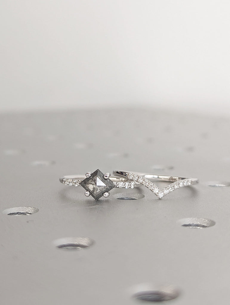 Alternative Diamond Engagement Ring Salt And Pepper Diamond, Kite Diamond Ring, Unique Salt Pepper Diamond Ring, Bridal Set