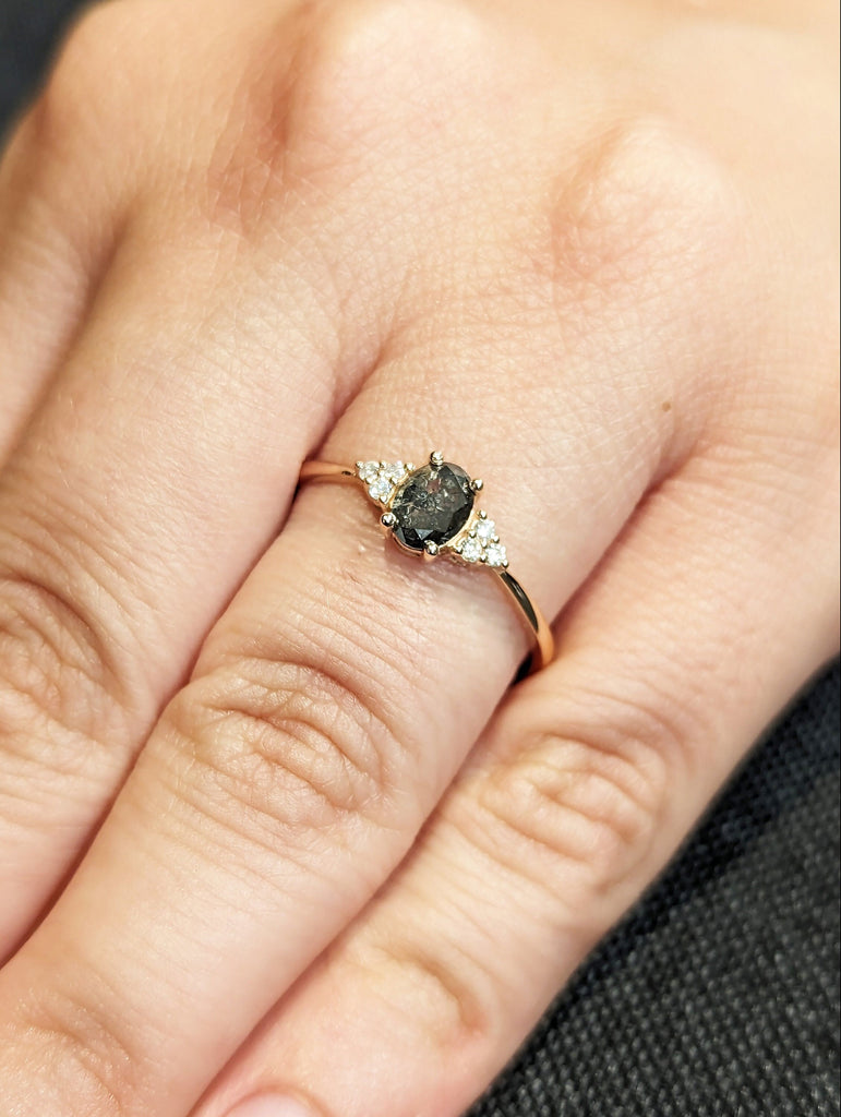 14K Rose Gold Vintage Salt and Pepper Diamond Engagement Ring Diamond Cluster Oval Ring Wedding Bridal Anniversary Promise Ring