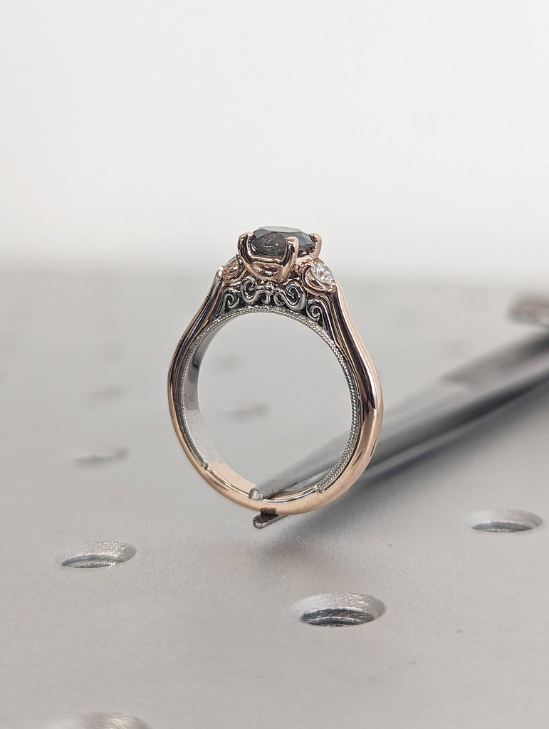 Salt and pepper engagement ring round cut vintage engagement ring prong set ring diamond ring two tone anniversary ring rose & white gold