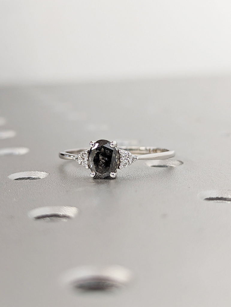 Vintage salt and pepper diamond engagement ring white gold engagement ring diamond cluster oval ring wedding Bridal Anniversary minimalist