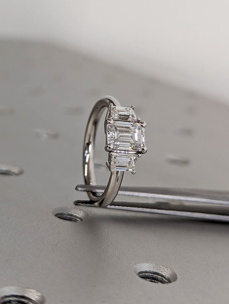 Three Stone Emerald Cut Moissanite Engagement Ring, Side Trapezoid Moissanite, Three Stone Engagement Ring, Emerald Cut and trapezoid Cut
