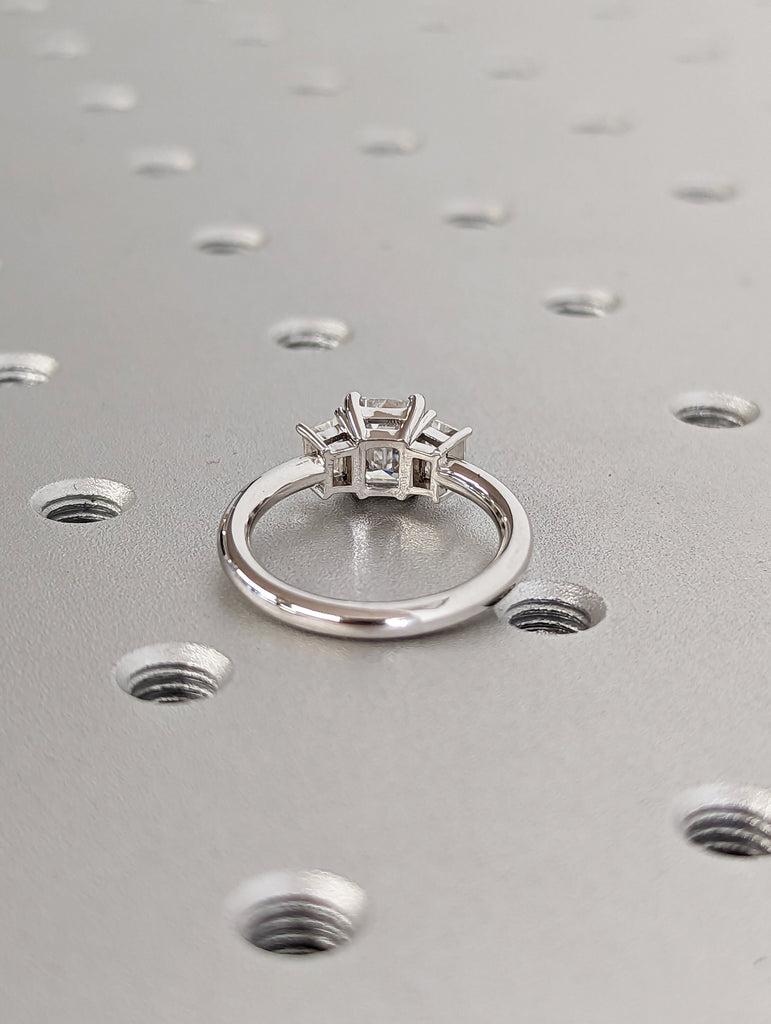 Three Stone Emerald Cut Moissanite Engagement Ring, Side Trapezoid Moissanite, Three Stone Engagement Ring, Emerald Cut and trapezoid Cut