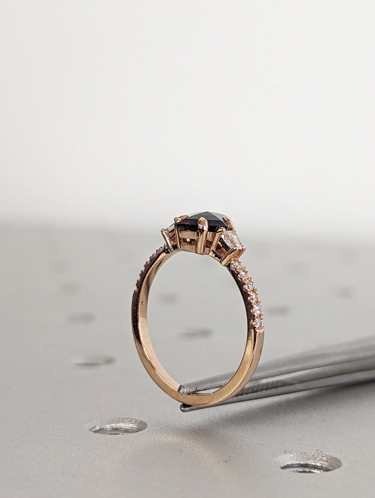 Galaxy Raw Salt and Pepper Diamond Ring- Kite Cut Diamond Engagement Ring Sets- Unique Bridal Geometric Diamond Promise Ring- 14K Rose Gold