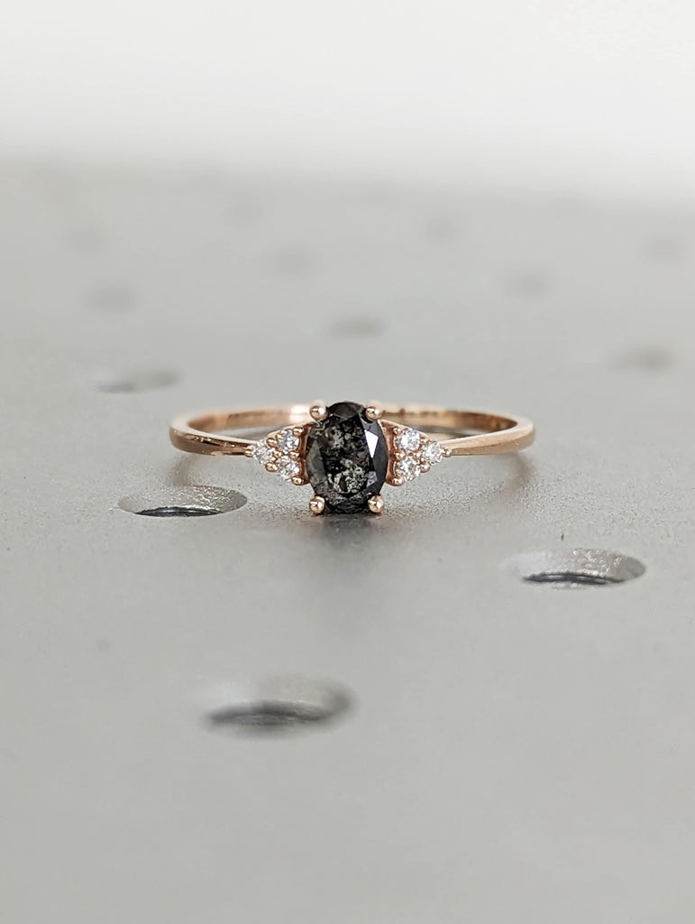 14K Rose Gold Oval Salt and Pepper Diamond Vintage Engagement Ring | Diamond Cluster Ring | Wedding Bridal Anniversary | Promise Ring