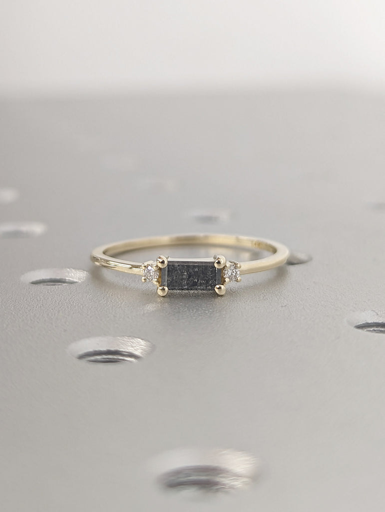 Elongated Emerald Baguette Raw Salt and Pepper Diamond Gold Engagement Ring Art Deco 1920s Inspired Thin Petite Band 14k Unique Ring for Her