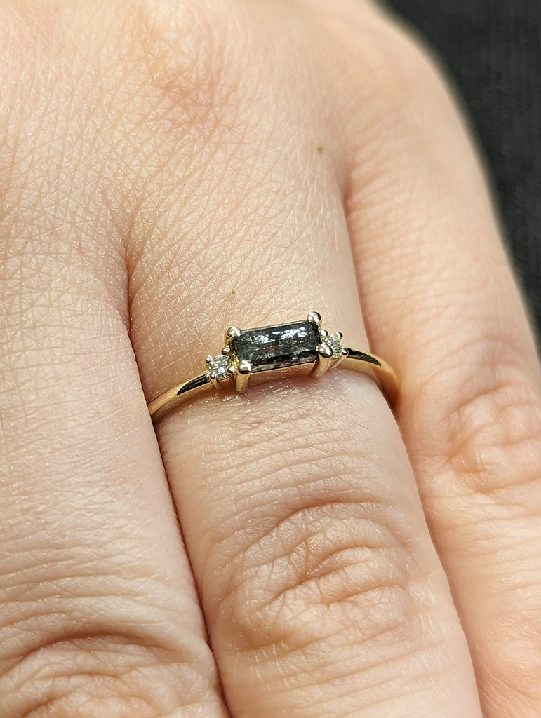 Elongated Emerald Baguette Raw Salt and Pepper Diamond Gold Engagement Ring Art Deco 1920s Inspired Thin Petite Band 14k Unique Ring for Her