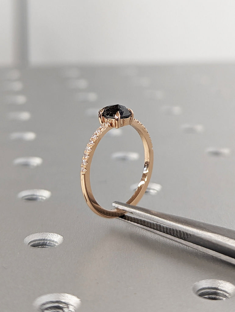 0.5 Carat 1920's Raw Salt and Pepper Diamond, Pear Diamond Ring, Unique Engagement Bridal, Black, Gray Pear 18k Yellow Rose White Black Gold
