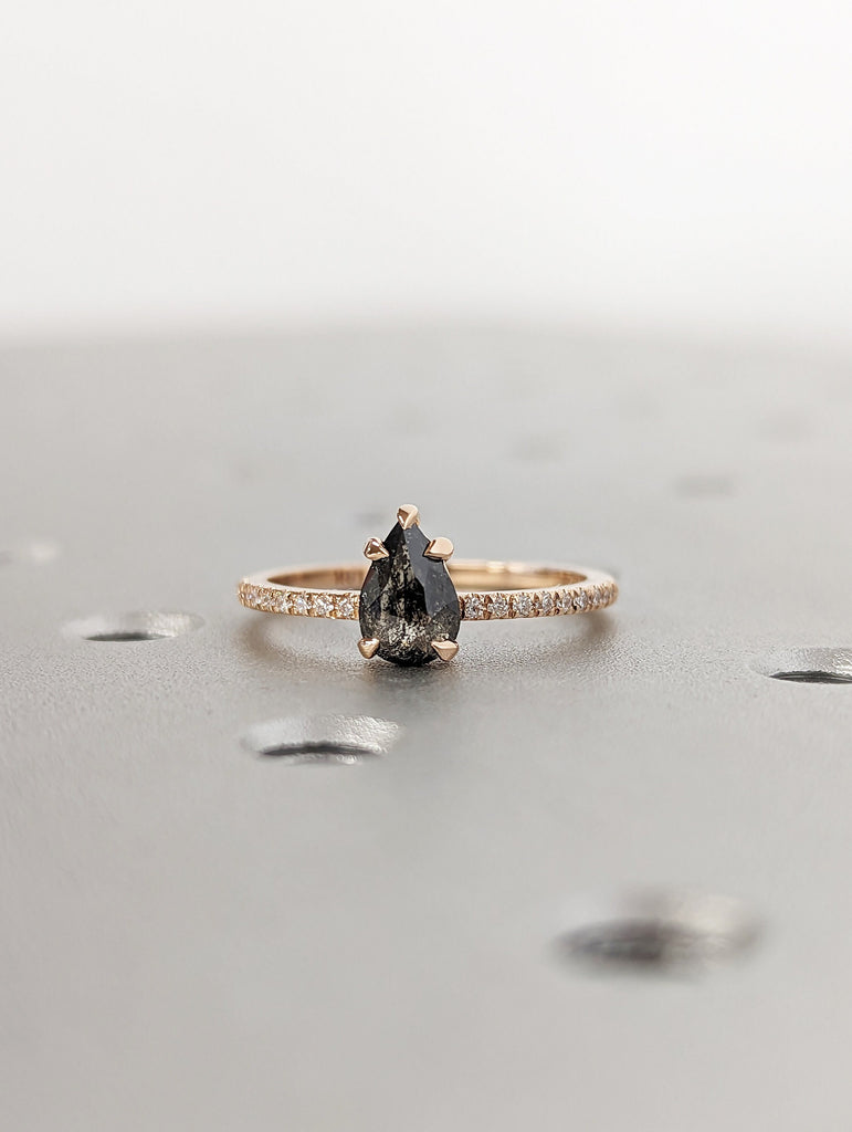 0.5 Carat 1920's Raw Salt and Pepper Diamond, Pear Diamond Ring, Unique Engagement Bridal, Black, Gray Pear 18k Yellow Rose White Black Gold