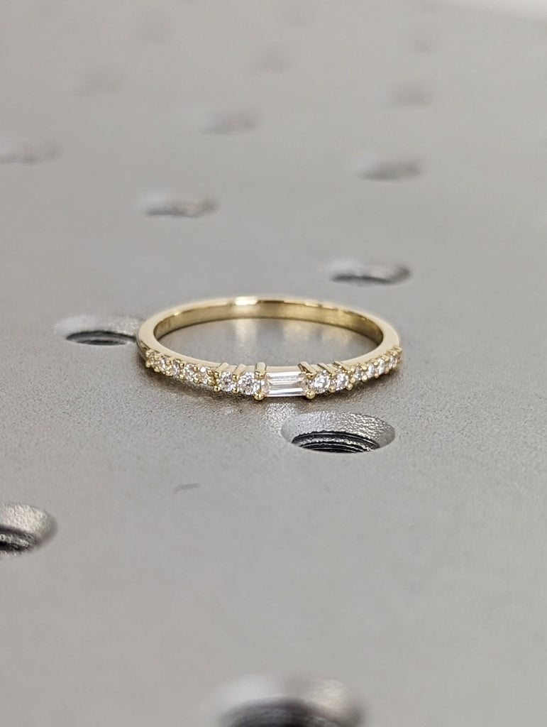 14k Gold Diamond Ring, Baguette and Round Diamonds, Solid Gold Band, Minimalist Engagement, Dainty Ring, 14k Rose, Yellow, White