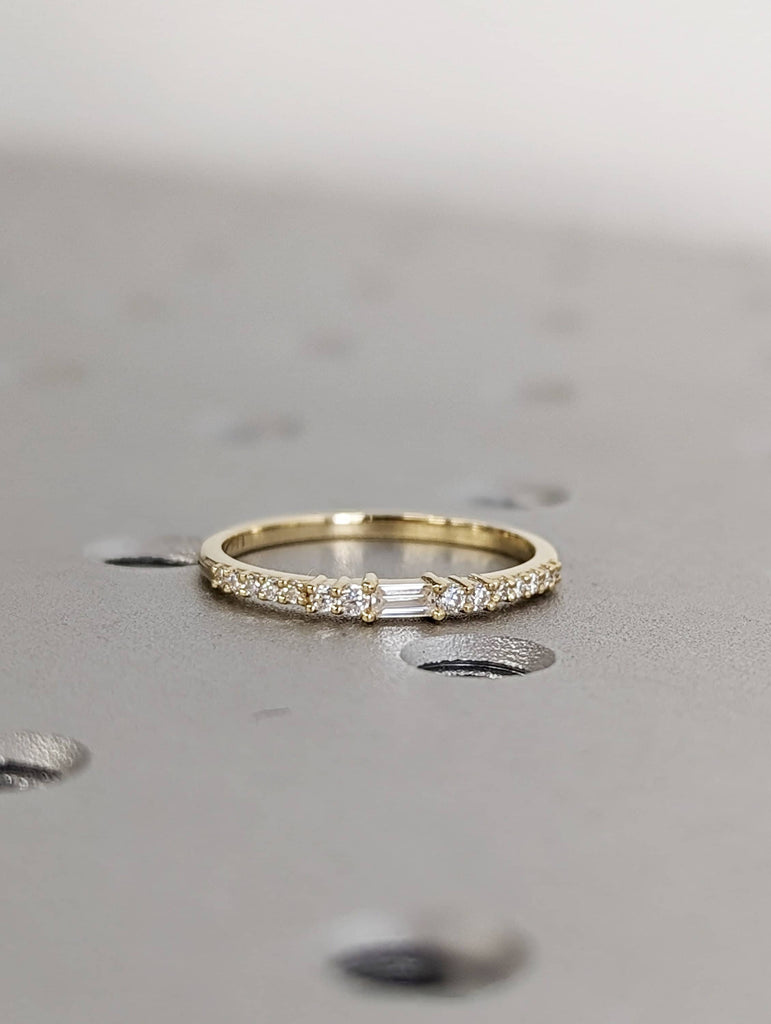 14k Gold Diamond Ring, Baguette and Round Diamonds, Solid Gold Band, Minimalist Engagement, Dainty Ring, 14k Rose, Yellow, White