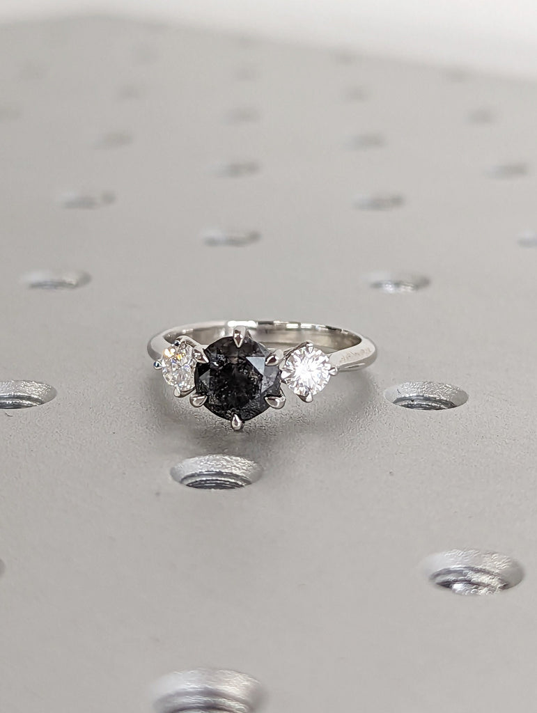 1.5 Ct 1920's Raw Salt and Pepper Diamond, Round Diamond Ring, Unique Engagement Bridal, Black, Gray Pear, 14k Yellow Rose White Black Gold