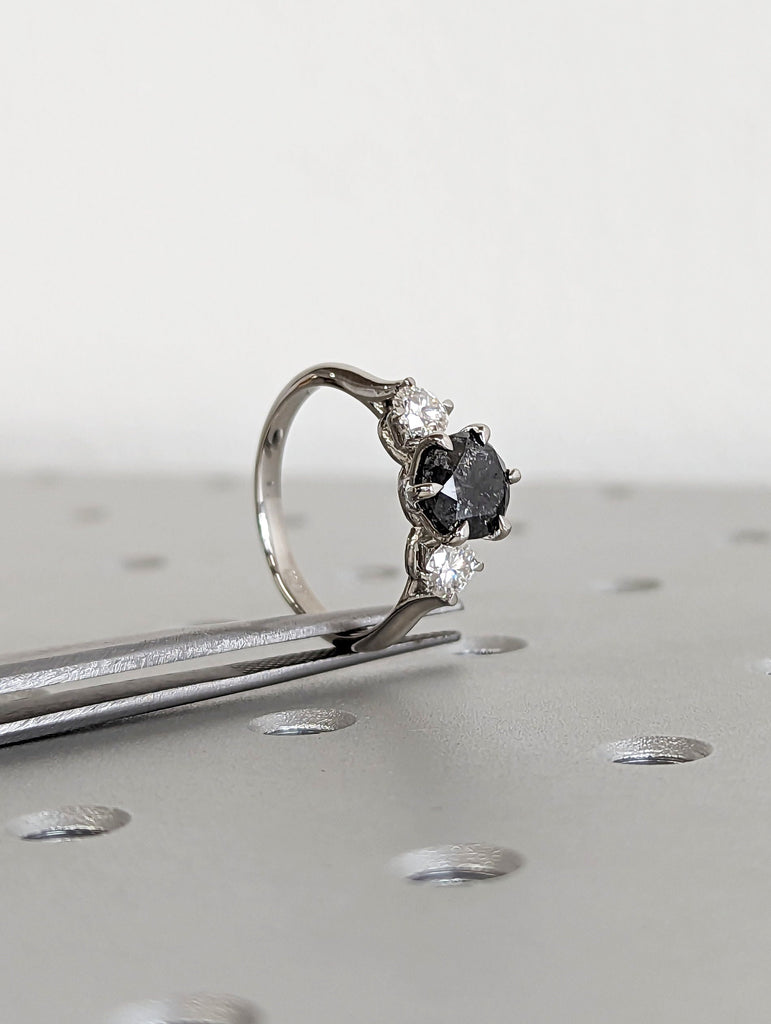 1.5 Ct 1920's Raw Salt and Pepper Diamond, Round Diamond Ring, Unique Engagement Bridal, Black, Gray Pear, 14k Yellow Rose White Black Gold