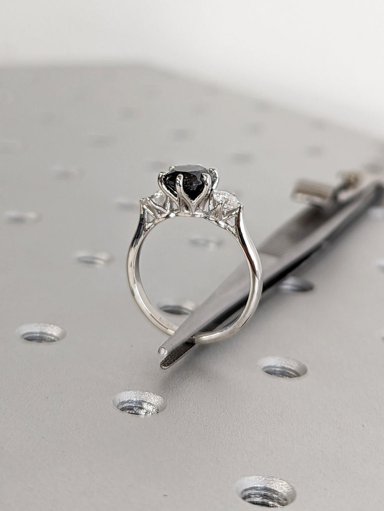 1.5 Ct 1920's Raw Salt and Pepper Diamond, Round Diamond Ring, Unique Engagement Bridal, Black, Gray Pear, 14k Yellow Rose White Black Gold