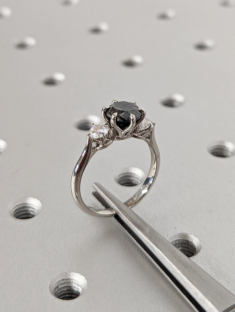 1.5 Ct 1920's Raw Salt and Pepper Diamond, Round Diamond Ring, Unique Engagement Bridal, Black, Gray Pear, 14k Yellow Rose White Black Gold