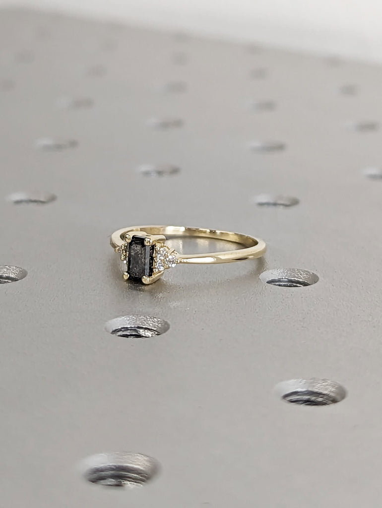 Raw Salt and Pepper Diamond, Emerald Baguette Cut Diamond Ring, Unique Engagement, Black, Gray Baguette, 14k Yellow, Rose, or White Gold