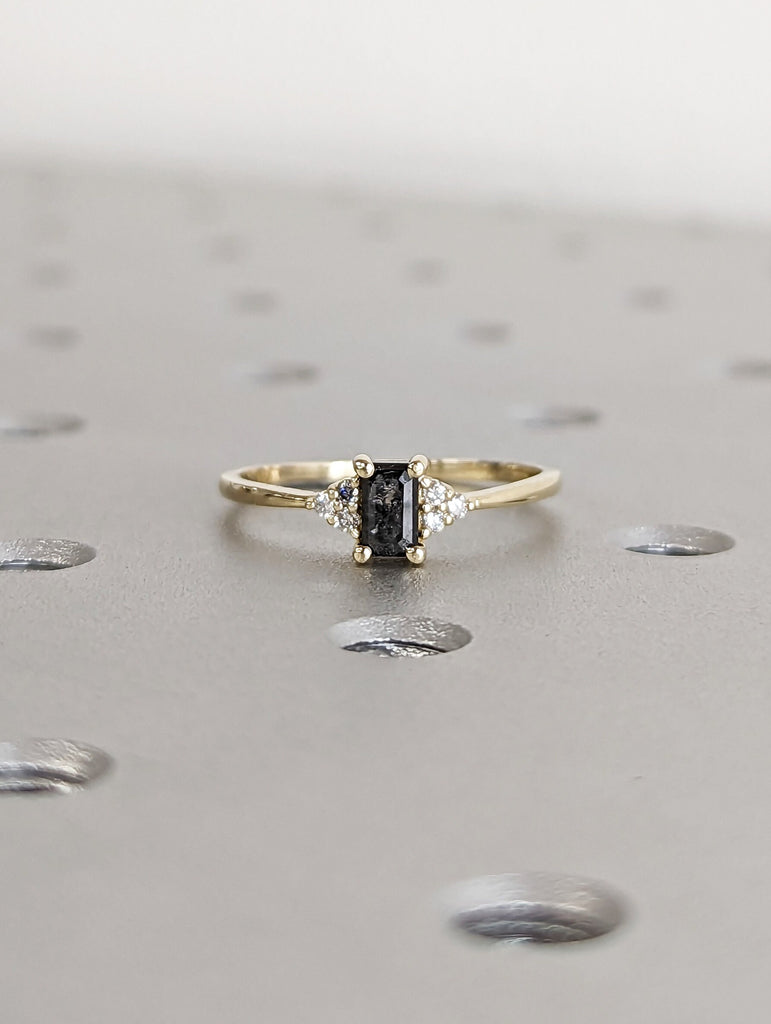 Raw Salt and Pepper Diamond, Emerald Baguette Cut Diamond Ring, Unique Engagement, Black, Gray Baguette, 14k Yellow, Rose, or White Gold