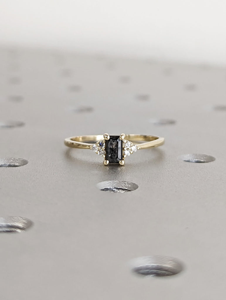 Raw Salt and Pepper Diamond, Emerald Baguette Cut Diamond Ring, Unique Engagement, Black, Gray Baguette, 14k Yellow, Rose, or White Gold
