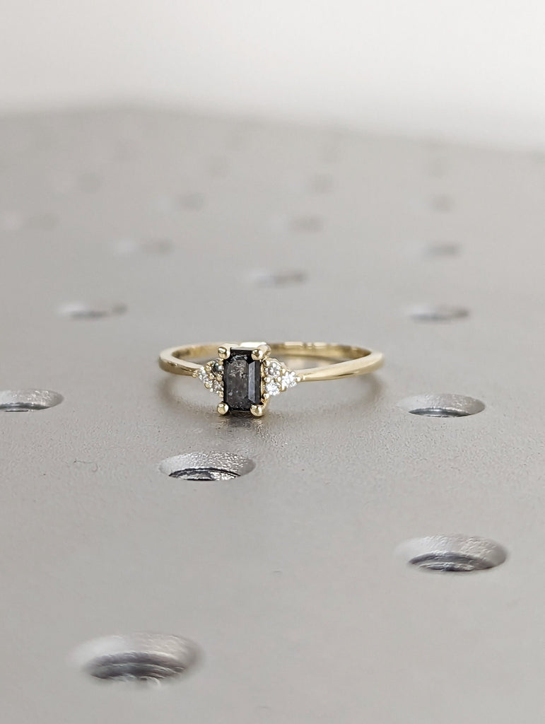 Raw Salt and Pepper Diamond, Emerald Baguette Cut Diamond Ring, Unique Engagement, Black, Gray Baguette, 14k Yellow, Rose, or White Gold