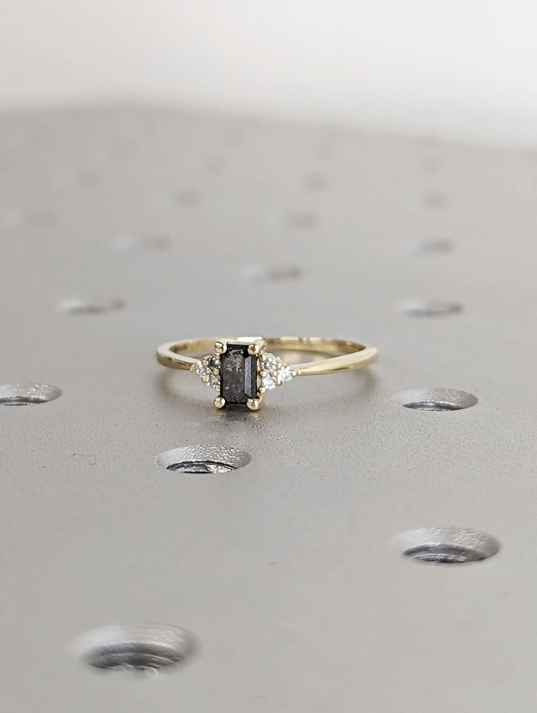 Raw Salt and Pepper Diamond, Emerald Baguette Cut Diamond Ring, Unique Engagement, Black, Gray Baguette, 14k Yellow, Rose, or White Gold